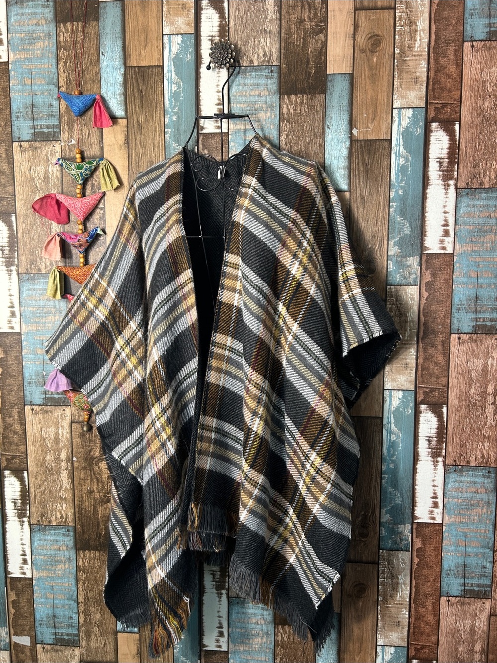 Plaid Open Front Poncho Cape - Black & Brown